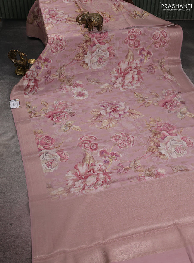 Chiniya silk saree pastel pink with allover zari buttas & floral digital prints and woven border