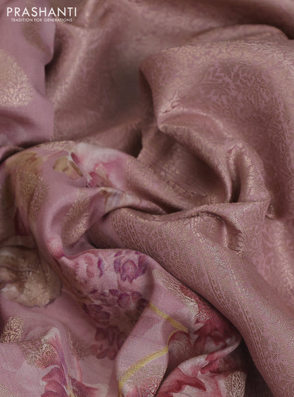 Chiniya silk saree pastel pink with allover zari buttas & floral digital prints and woven border