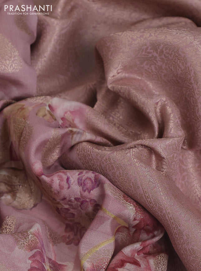 Chiniya silk saree pastel pink with allover zari buttas & floral digital prints and woven border