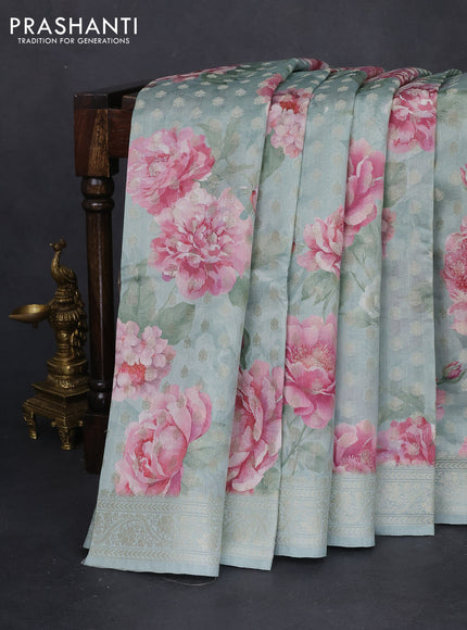 Chiniya silk saree pastel blue with allover zari buttas & floral digital prints and woven border