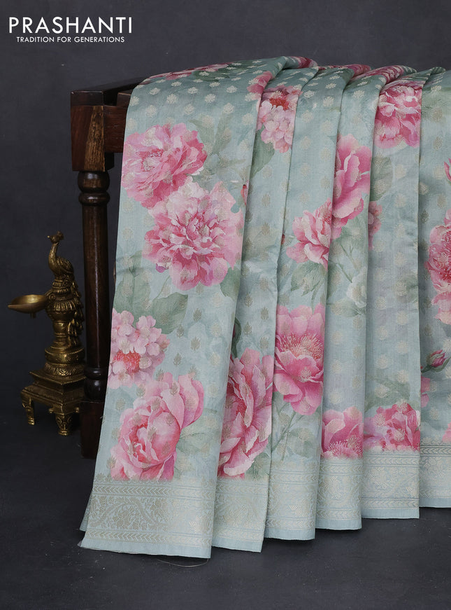 Chiniya silk saree pastel blue with allover zari buttas & floral digital prints and woven border