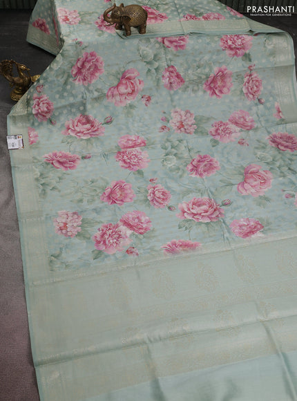 Chiniya silk saree pastel blue with allover zari buttas & floral digital prints and woven border