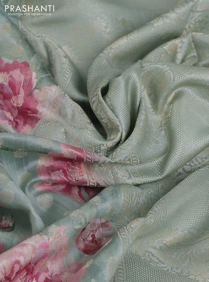 Chiniya silk saree pastel blue with allover zari buttas & floral digital prints and woven border