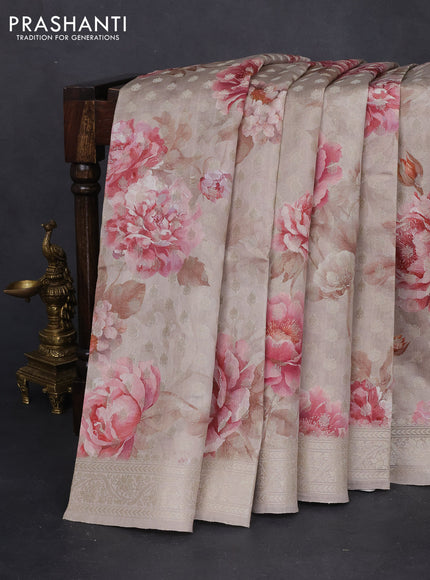 Chiniya silk saree pastel grey with allover zari woven buttas & floral digital prints and woven border