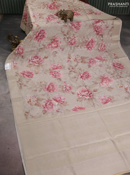 Chiniya silk saree pastel grey with allover zari woven buttas & floral digital prints and woven border