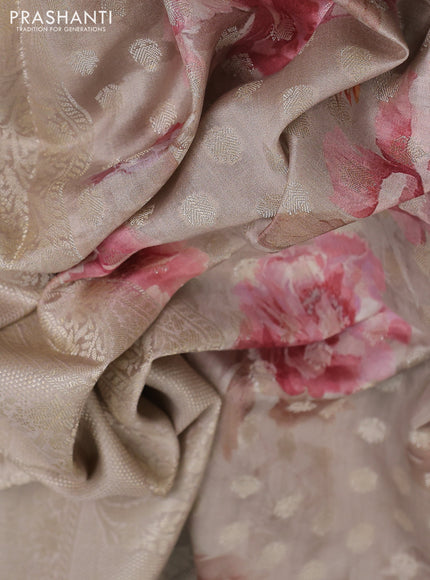 Chiniya silk saree pastel grey with allover zari woven buttas & floral digital prints and woven border