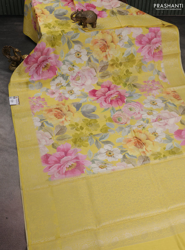 Chiniya silk saree yellow with allover zari buttas & floral digital prints and woven border
