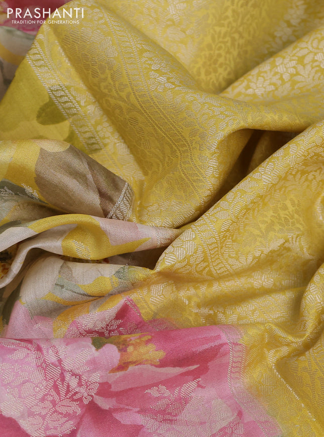 Chiniya silk saree yellow with allover zari buttas & floral digital prints and woven border
