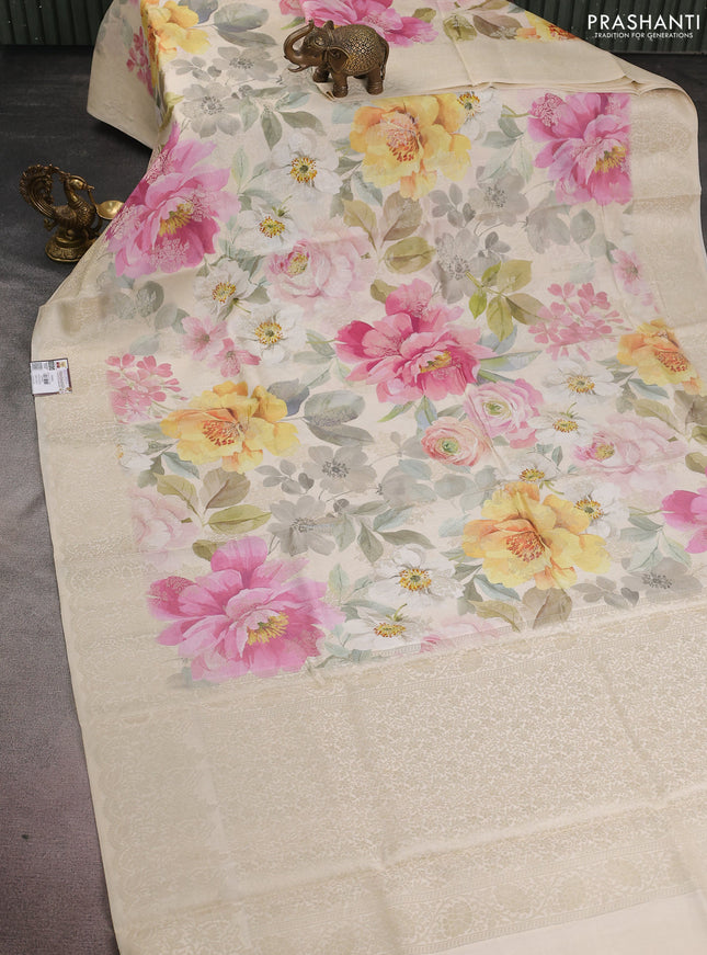 Chiniya silk saree cream with allover zari buttas & floral digital prints and woven border