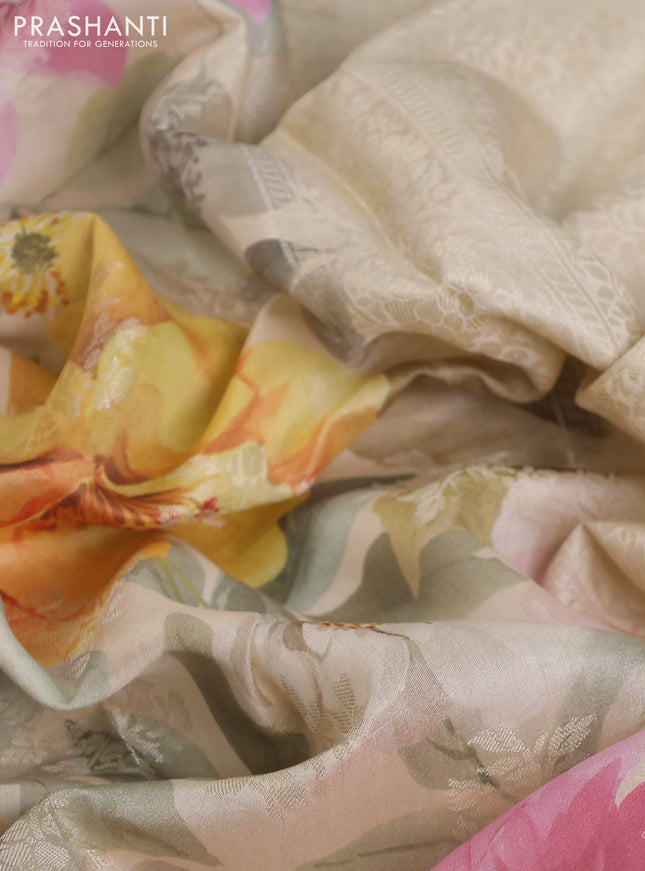 Chiniya silk saree cream with allover zari buttas & floral digital prints and woven border