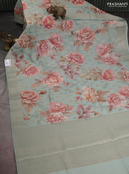 Chiniya silk saree pastel blue with allover zari buttas & floral digital prints and woven border