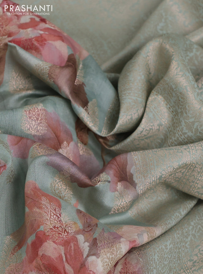 Chiniya silk saree pastel blue with allover zari buttas & floral digital prints and woven border