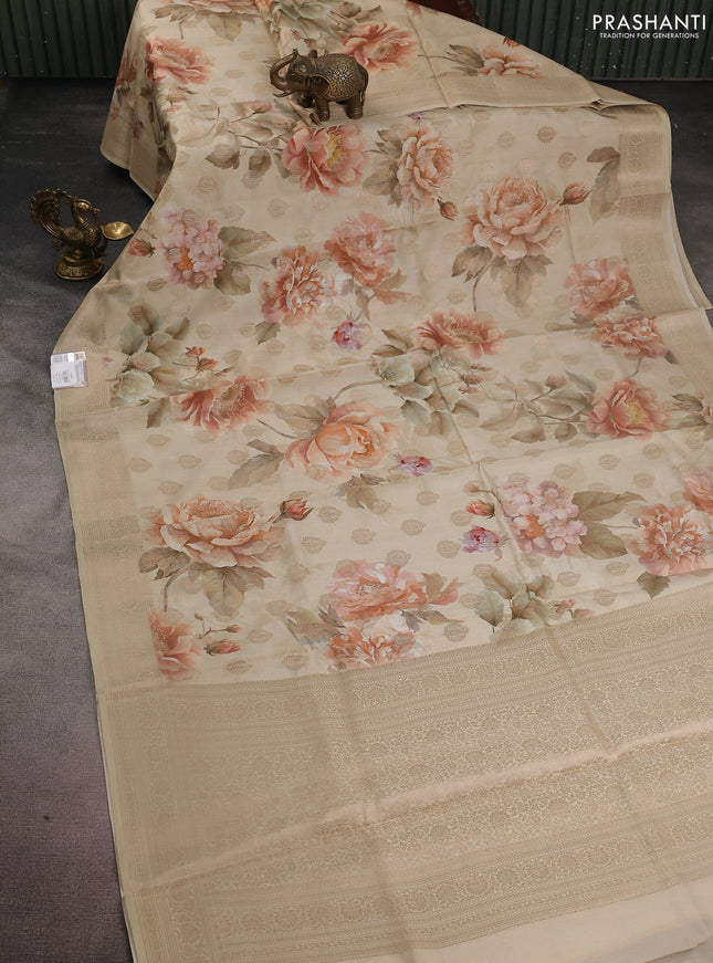 Chiniya silk saree beige with allover zari buttas & floral digital prints and woven border