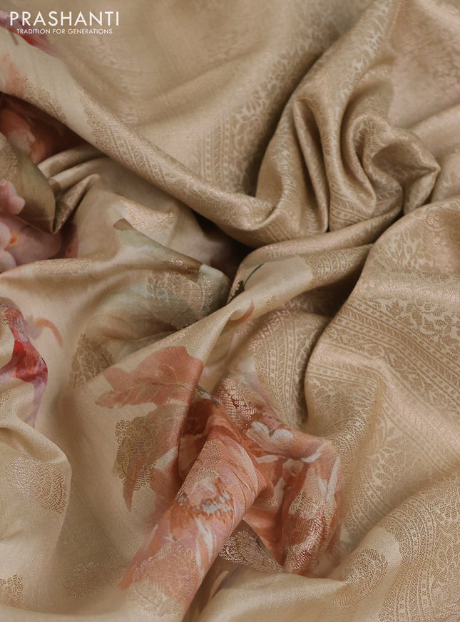 Chiniya silk saree beige with allover zari buttas & floral digital prints and woven border