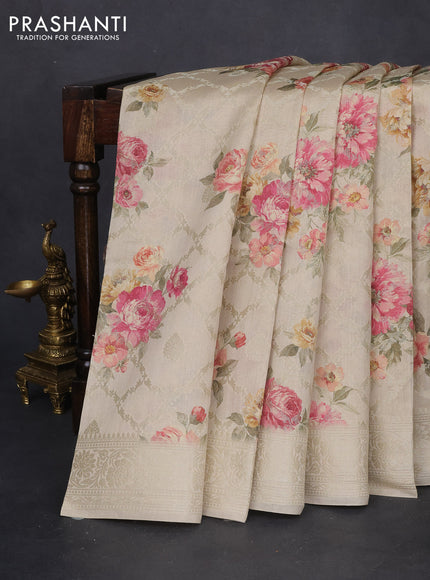 Chiniya silk saree beige with allover zari weaves & floral digital prints and woven border