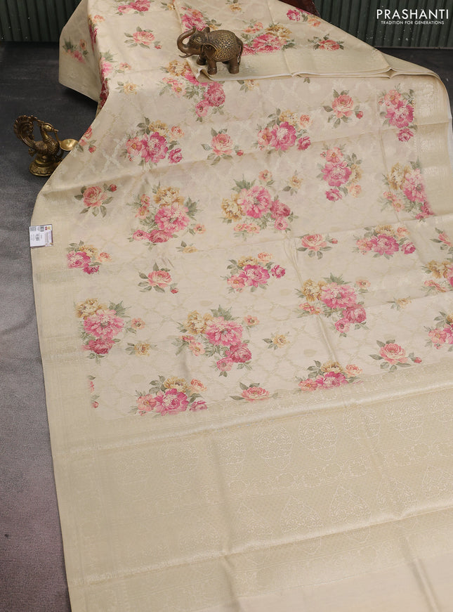 Chiniya silk saree beige with allover zari weaves & floral digital prints and woven border