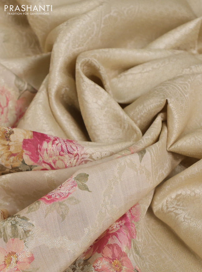 Chiniya silk saree beige with allover zari weaves & floral digital prints and woven border