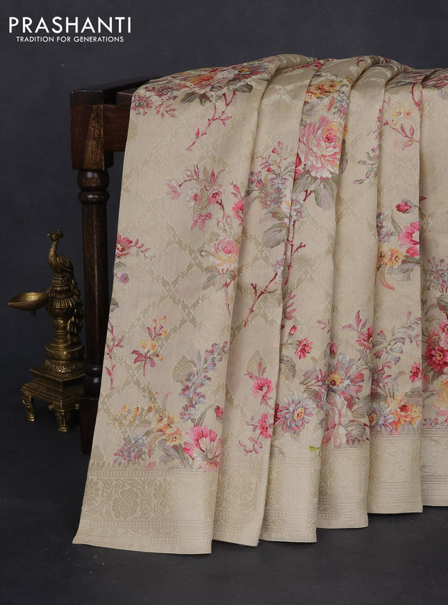Chiniya silk saree beige with allover zari weaves & floral digital prints and woven border