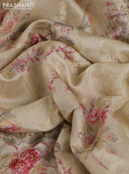 Chiniya silk saree beige with allover zari weaves & floral digital prints and woven border