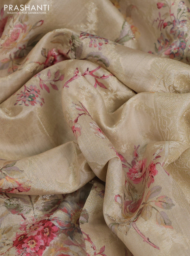Chiniya silk saree beige with allover zari weaves & floral digital prints and woven border
