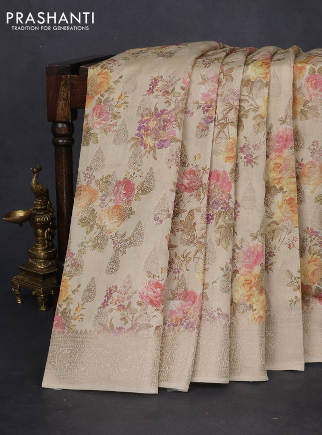 Chiniya silk saree beige with allover zari buttas & floral digital prints and woven border