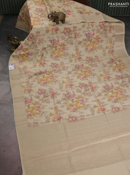 Chiniya silk saree beige with allover zari buttas & floral digital prints and woven border