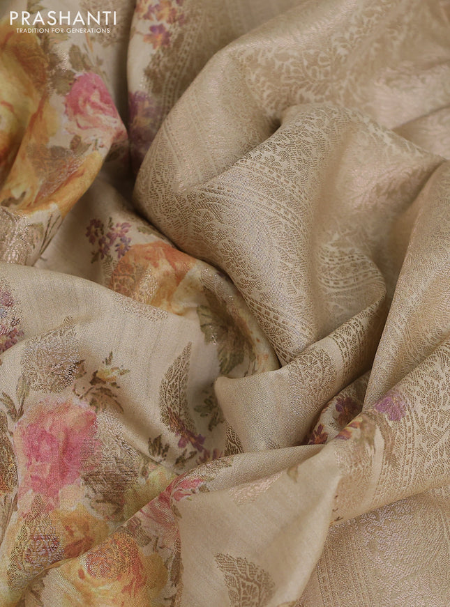 Chiniya silk saree beige with allover zari buttas & floral digital prints and woven border