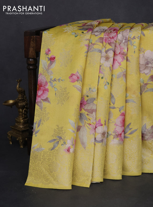 Chiniya silk saree yellow with allover zari buttas & floral digital prints and woven border