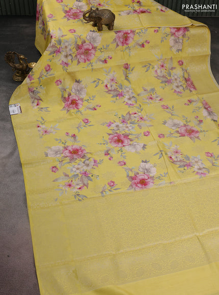 Chiniya silk saree yellow with allover zari buttas & floral digital prints and woven border