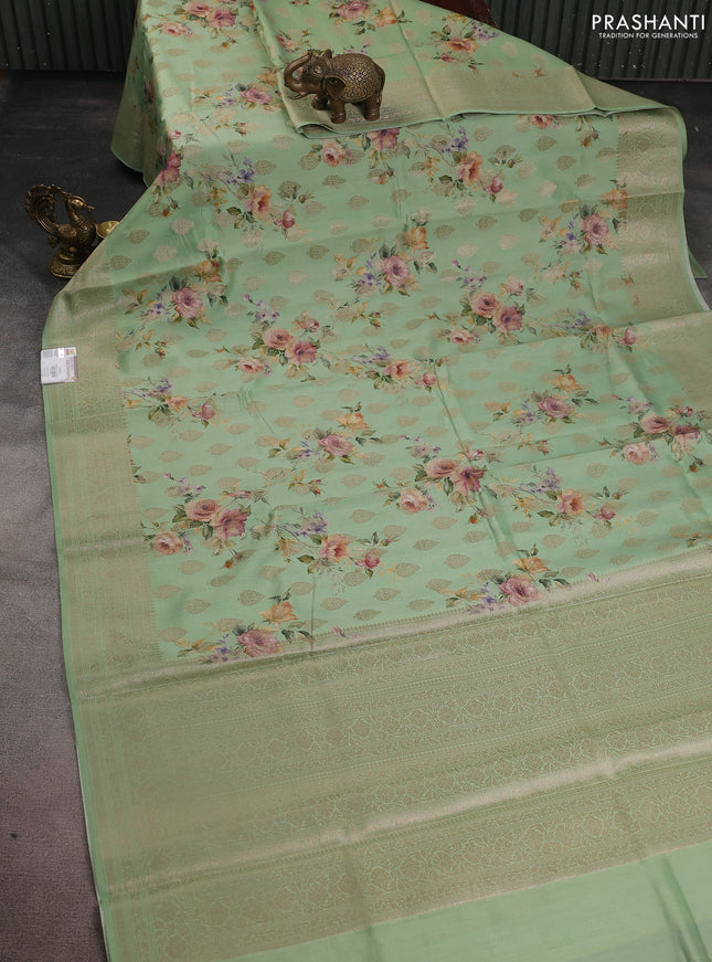 Chiniya silk saree green shade with allover zari buttas & floral digital prints and woven border