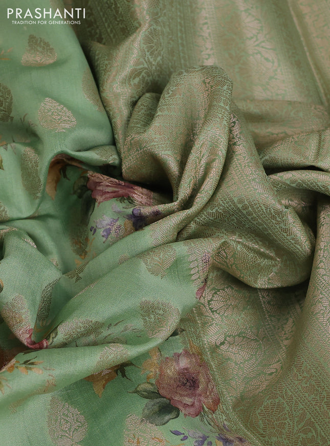 Chiniya silk saree green shade with allover zari buttas & floral digital prints and woven border