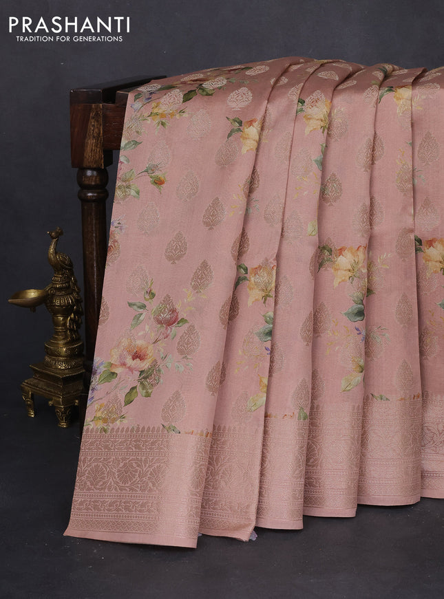 Chiniya silk saree pastel peach with allover zari buttas & floral digital prints and woven border