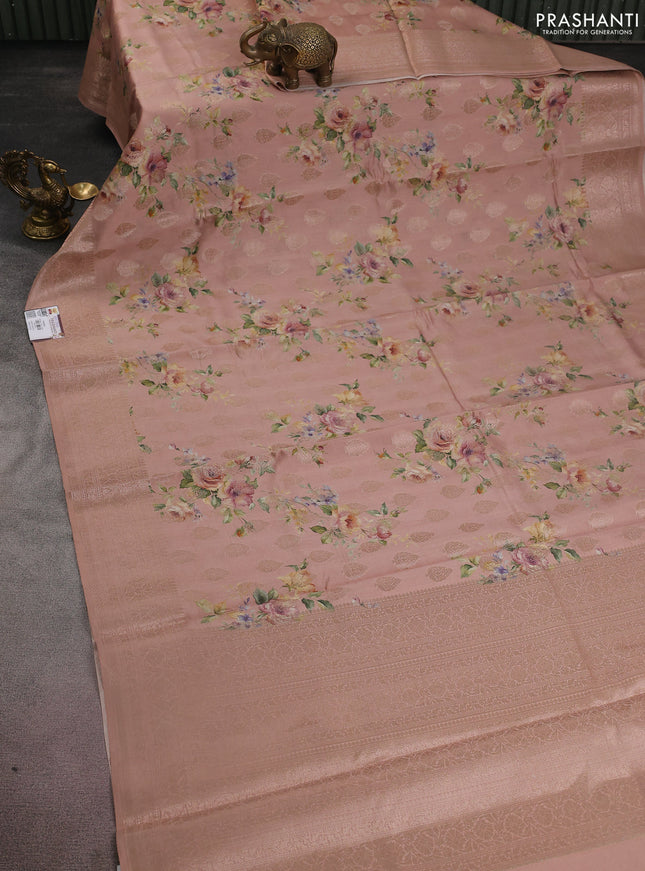 Chiniya silk saree pastel peach with allover zari buttas & floral digital prints and woven border