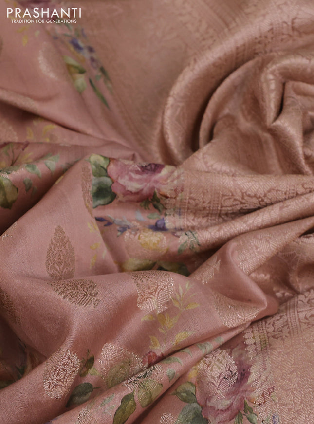 Chiniya silk saree pastel peach with allover zari buttas & floral digital prints and woven border