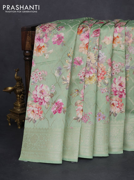 Chiniya silk saree green shade with allover zari weaves & floral digital prints and woven border