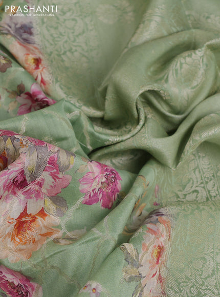 Chiniya silk saree green shade with allover zari weaves & floral digital prints and woven border