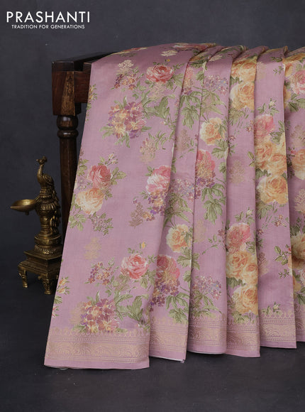 Chiniya silk saree pastel pink with allover zari buttas & floral digital prints and woven border