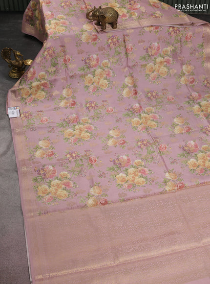 Chiniya silk saree pastel pink with allover zari buttas & floral digital prints and woven border
