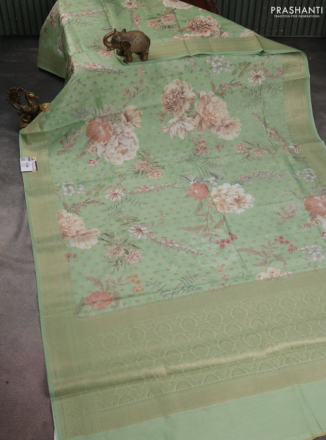 Chiniya silk saree teal green with allover zari buttas & floral digital prints and woven border
