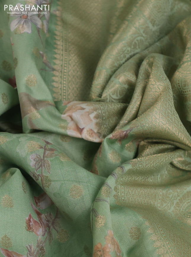 Chiniya silk saree teal green with allover zari buttas & floral digital prints and woven border