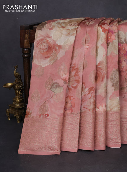 Chiniya silk saree dark peach with allover zari buttas & floral digital prints and zari woven border