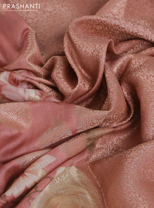 Chiniya silk saree dark peach with allover zari buttas & floral digital prints and zari woven border