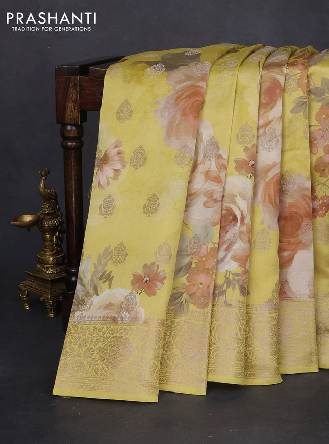 Chiniya silk saree yellow with zari buttas & floral digital prints and woven border