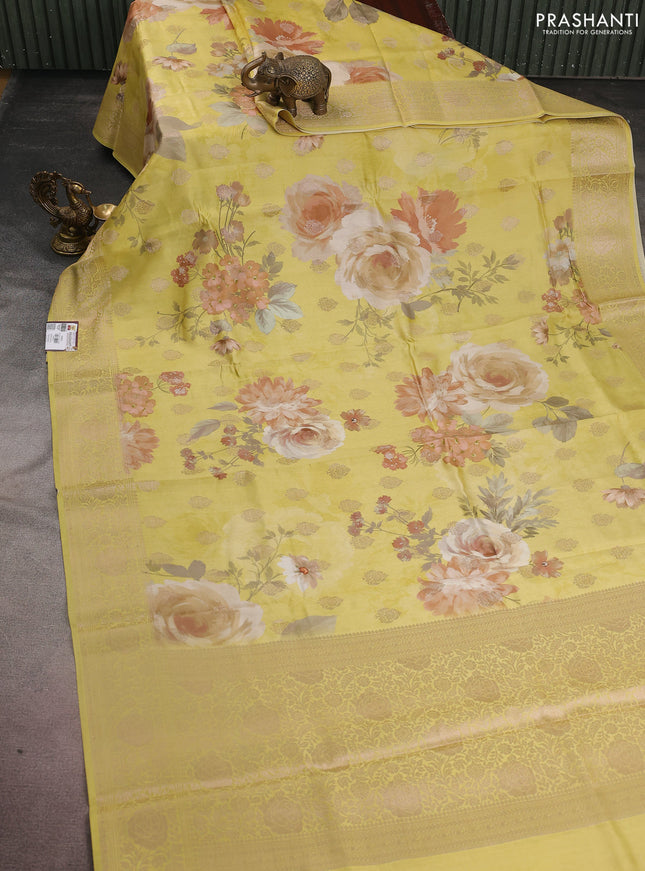 Chiniya silk saree yellow with zari buttas & floral digital prints and woven border