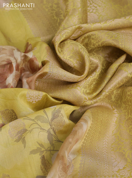 Chiniya silk saree yellow with zari buttas & floral digital prints and woven border