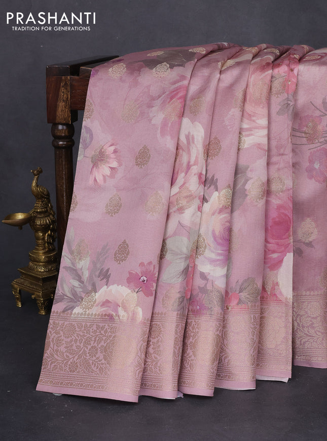 Chiniya silk saree pastel pink with zari buttas & floral digital prints and woven border