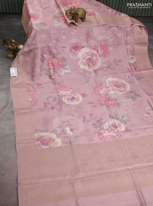 Chiniya silk saree pastel pink with zari buttas & floral digital prints and woven border