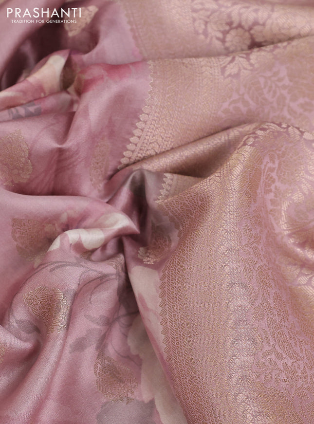 Chiniya silk saree pastel pink with zari buttas & floral digital prints and woven border