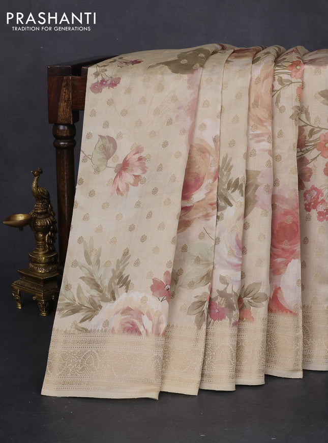 Chiniya silk saree beige with allover zari buttas & floral digital prints and woven border