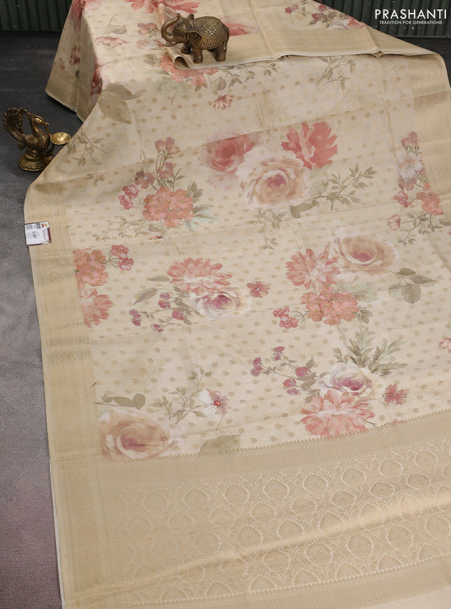 Chiniya silk saree beige with allover zari buttas & floral digital prints and woven border